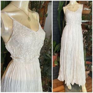 Meghan Los Angeles Lace Smocked Crinkle Pleated Maxi Dress